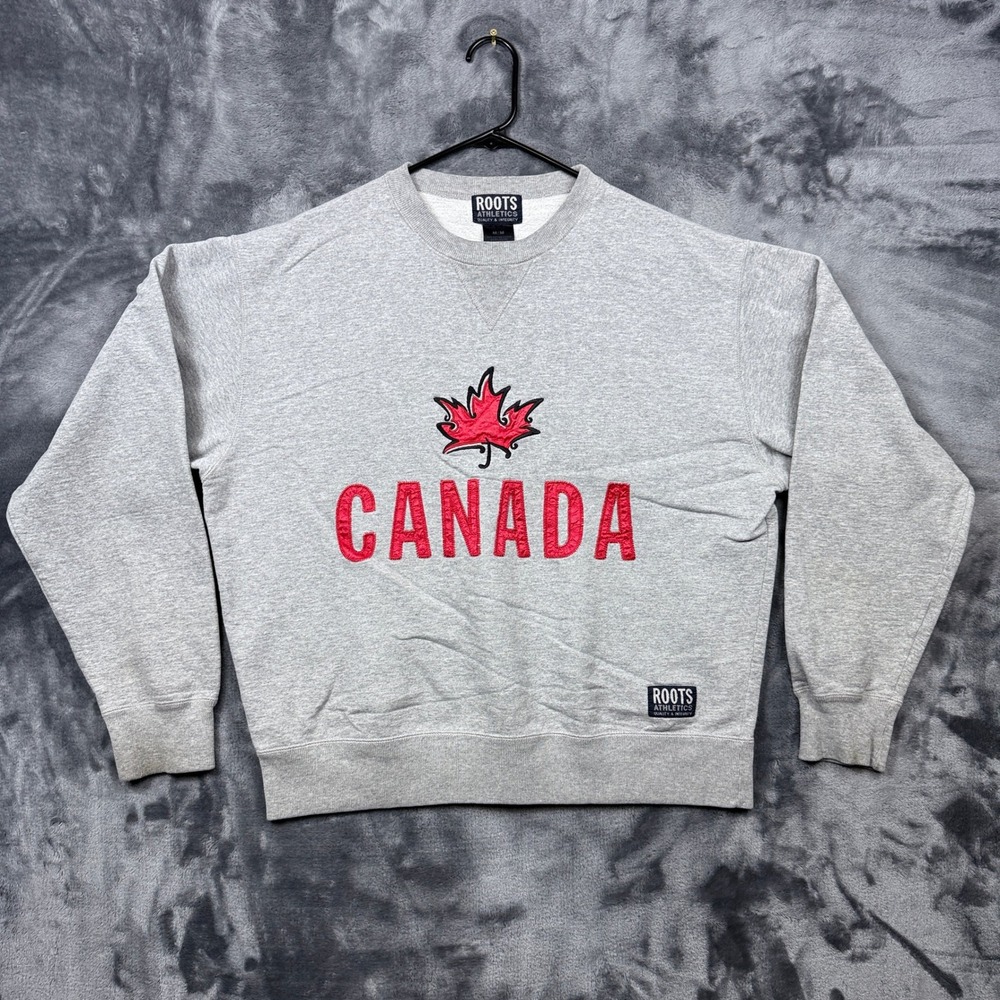 Roots Sweatshirt Mens Medium Grey Canada Embroidered Maple Leaf Crewneck